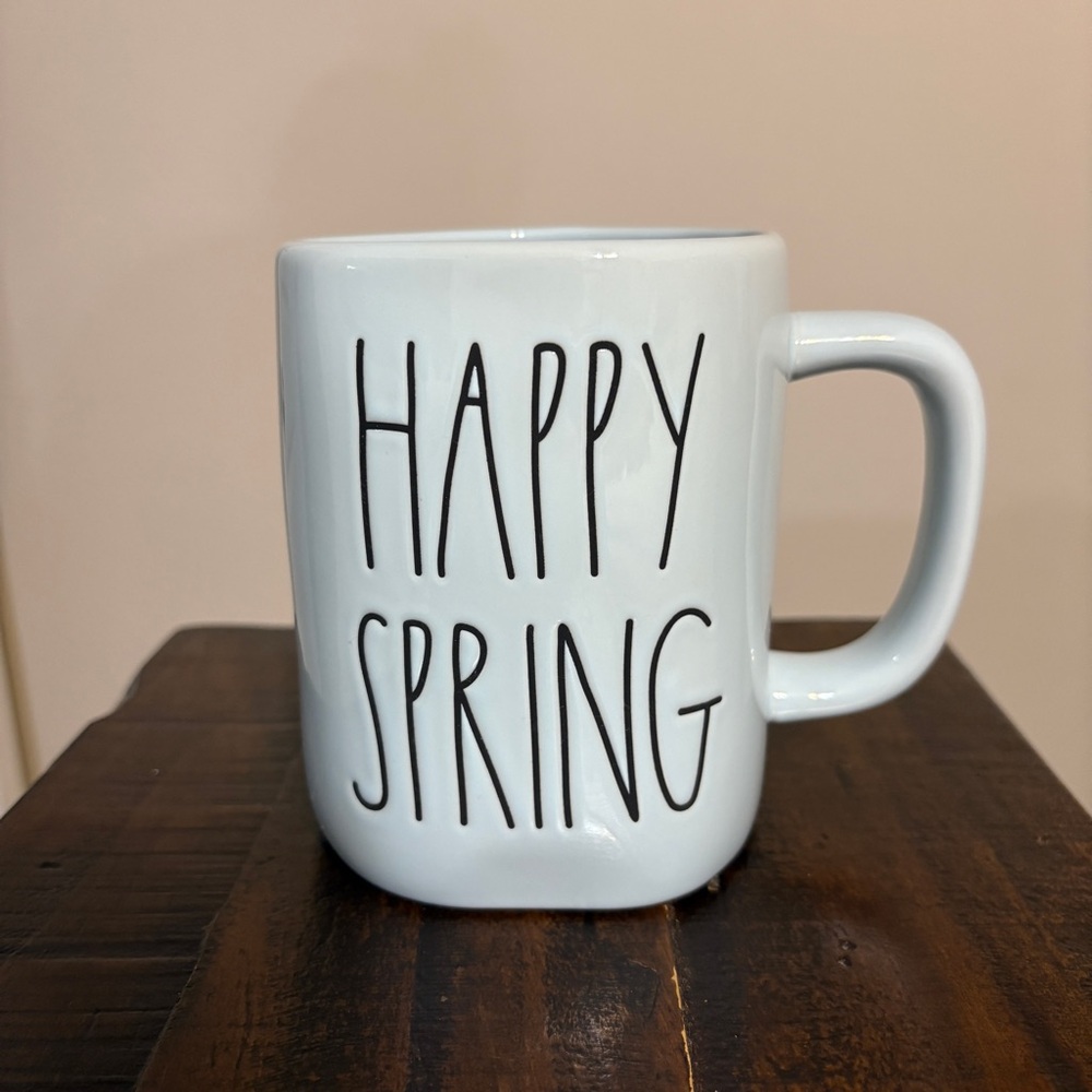 Rae Dunn HAPPY SPRING Mug Pastel Blue With Black Lettering